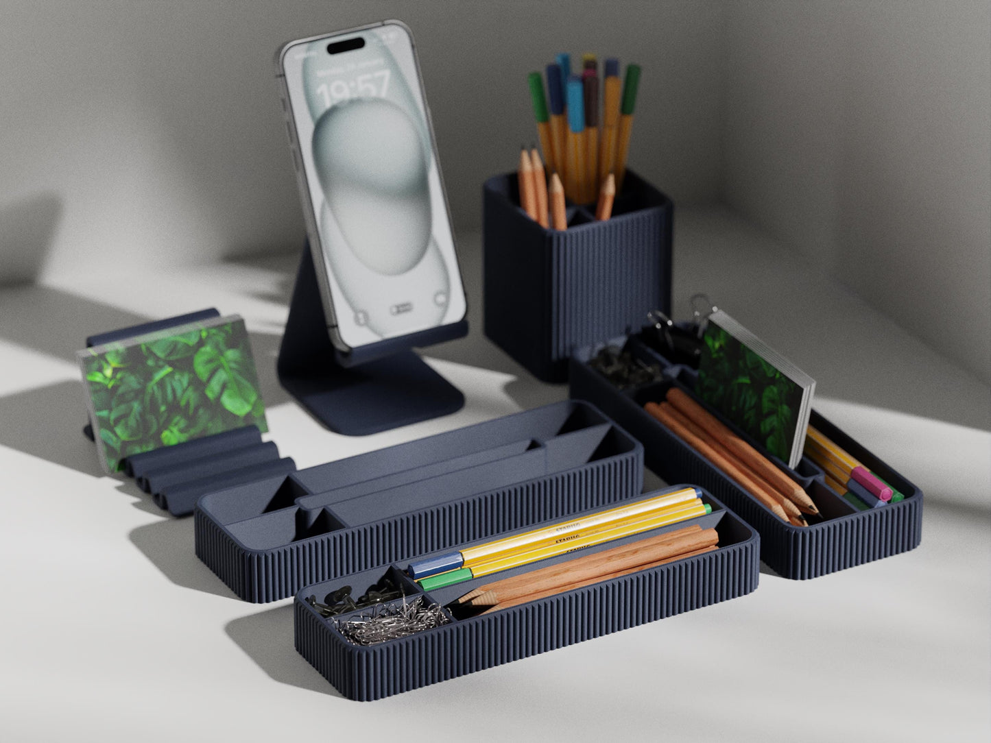 Modern Desk Organizer Set – PLA Storage with Phone Stand, Pen Holders & Business Card Holder